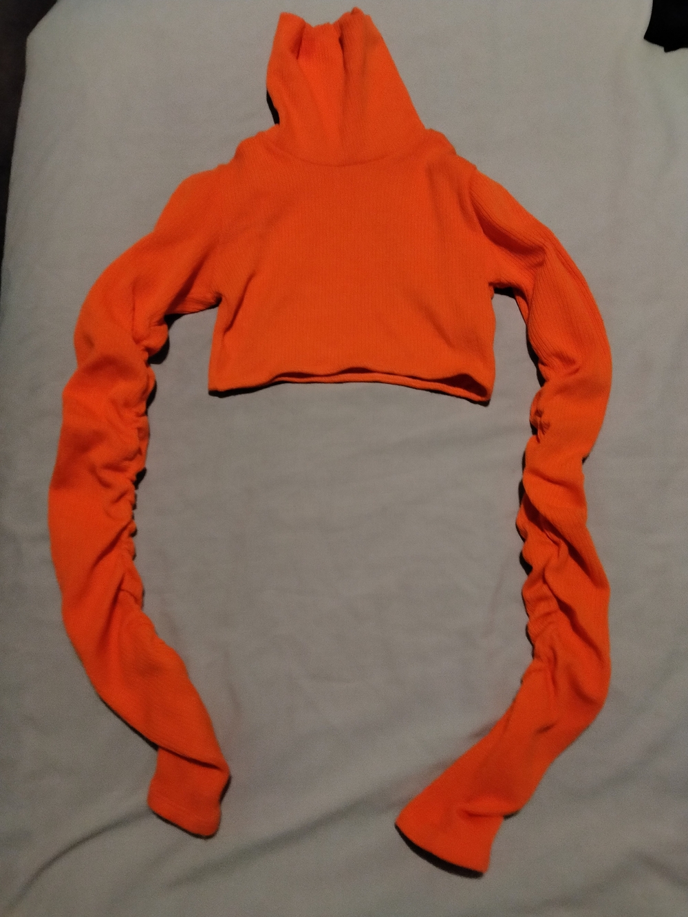 Women's Orange Cropped Turtleneck with Ruched Long Sleeves
